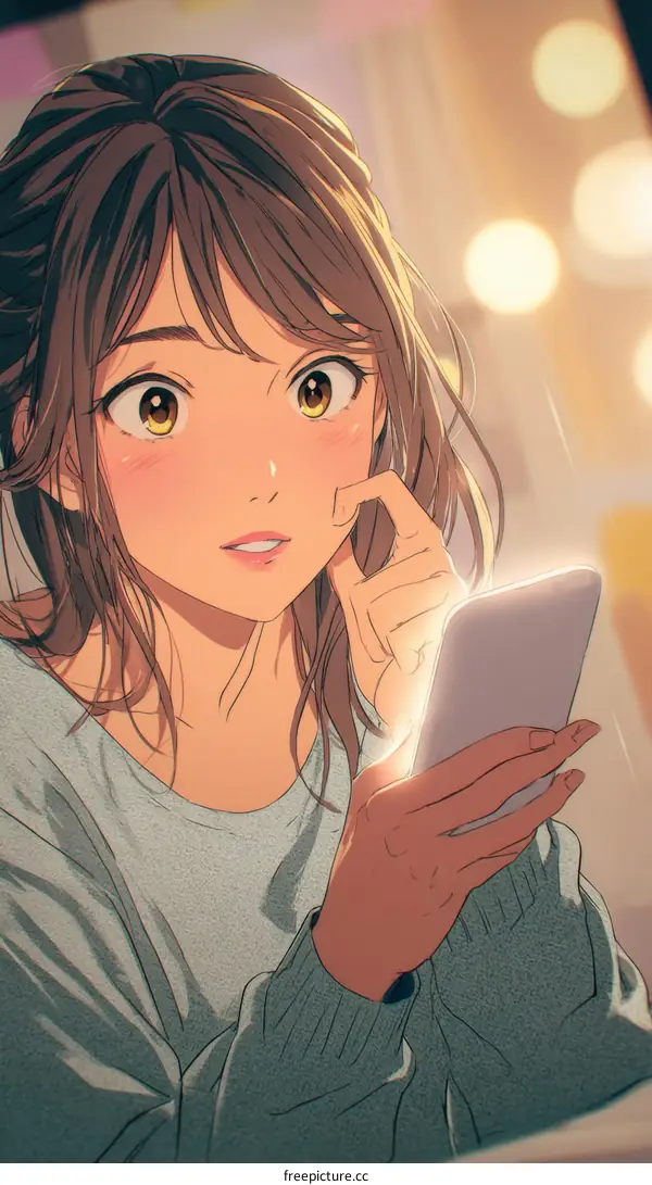 A Thoughtful Anime Girl with a Smartphone