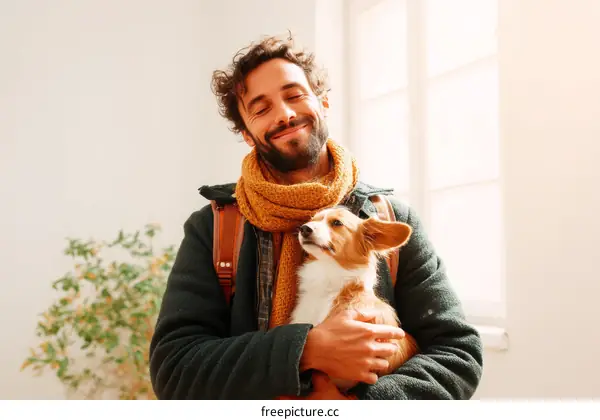 Man Holding Dog Indoor Portrait