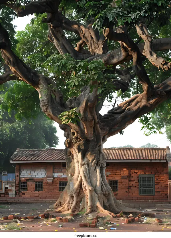 An ancient banyan tree with a brick house behind it
