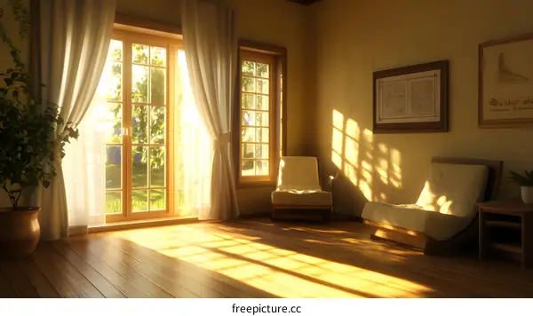 Sunlight Streaming Through Window In Cozy Living Room With Two Chairs And Plants