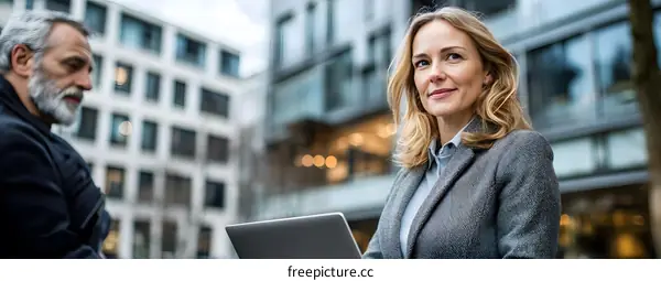 Businesswoman Using Laptop Computer Outdoors In City