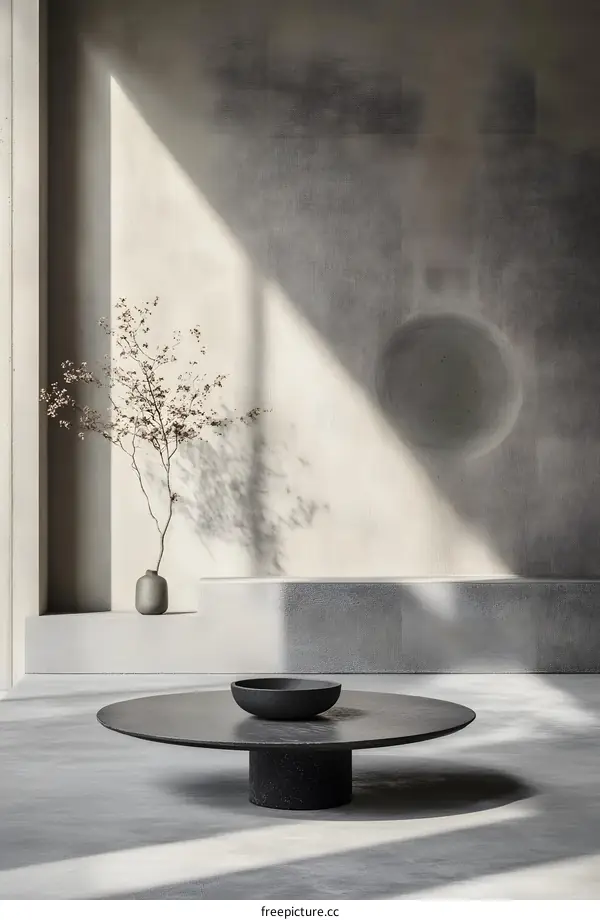 Modern Minimalist Interior Design with Black Coffee Table and Dried Flowers