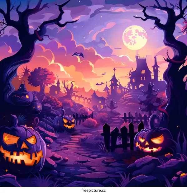 Spooky Halloween Night With Haunted House And Scary Pumpkins