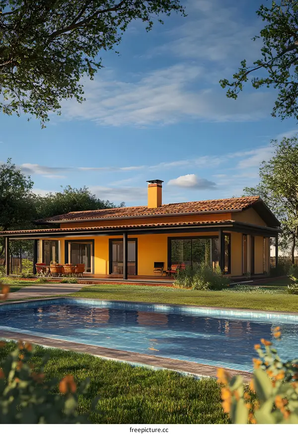 Yellow Modern House With a Pool and Lush Green Grass