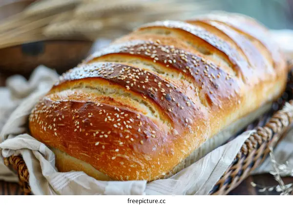 Loaf of bread with sesame seeds on a white cloth in a brown wicker basket