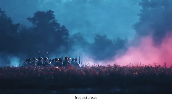 Nighttime Military Formation in a Battlefield Scene
