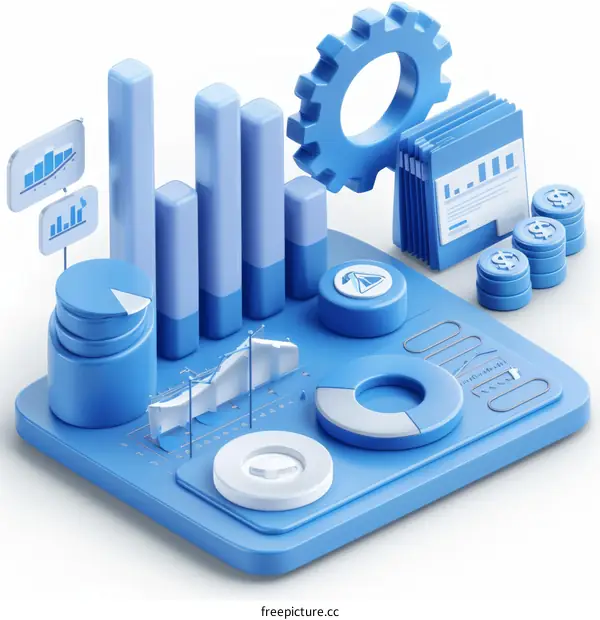 Blue and white 3D illustration of graphs, charts, and other data analysis tools