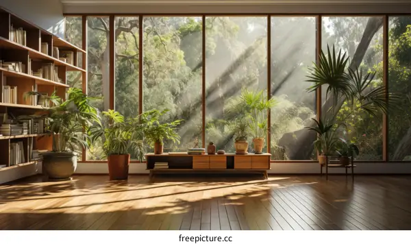 Indoor plants in a modern living room with large windows