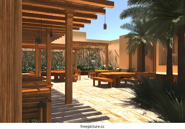 Outdoor Patio Design with Wooden Pergola and Palm Trees