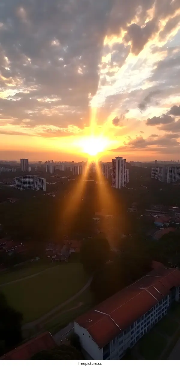 Aerial View of Cityscape with Sun Rays Shining Through Clouds at Sunset