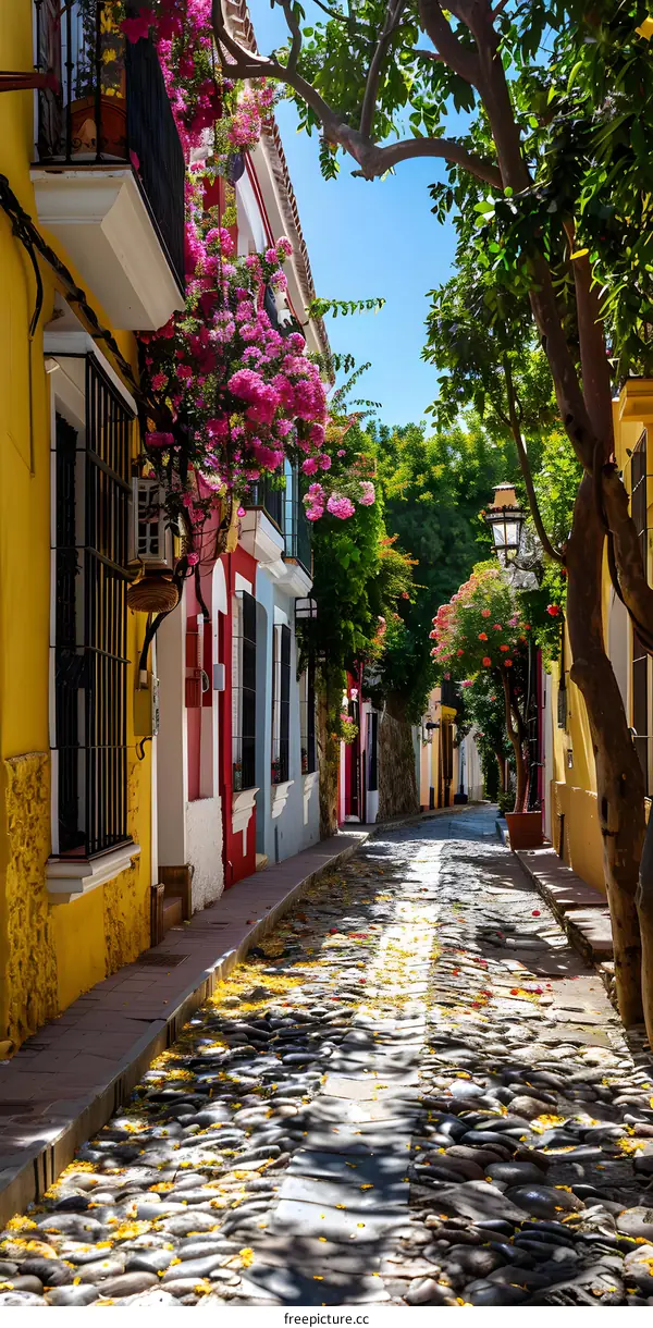 A narrow street with colorful houses and flowers