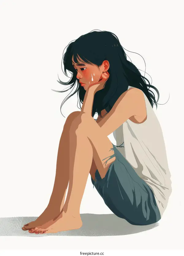 A girl with long black hair is sitting on the ground and crying