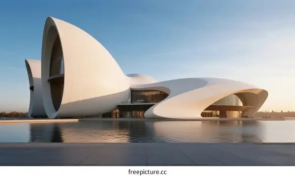 Modern Architectural Design with Curved White Structures by Water