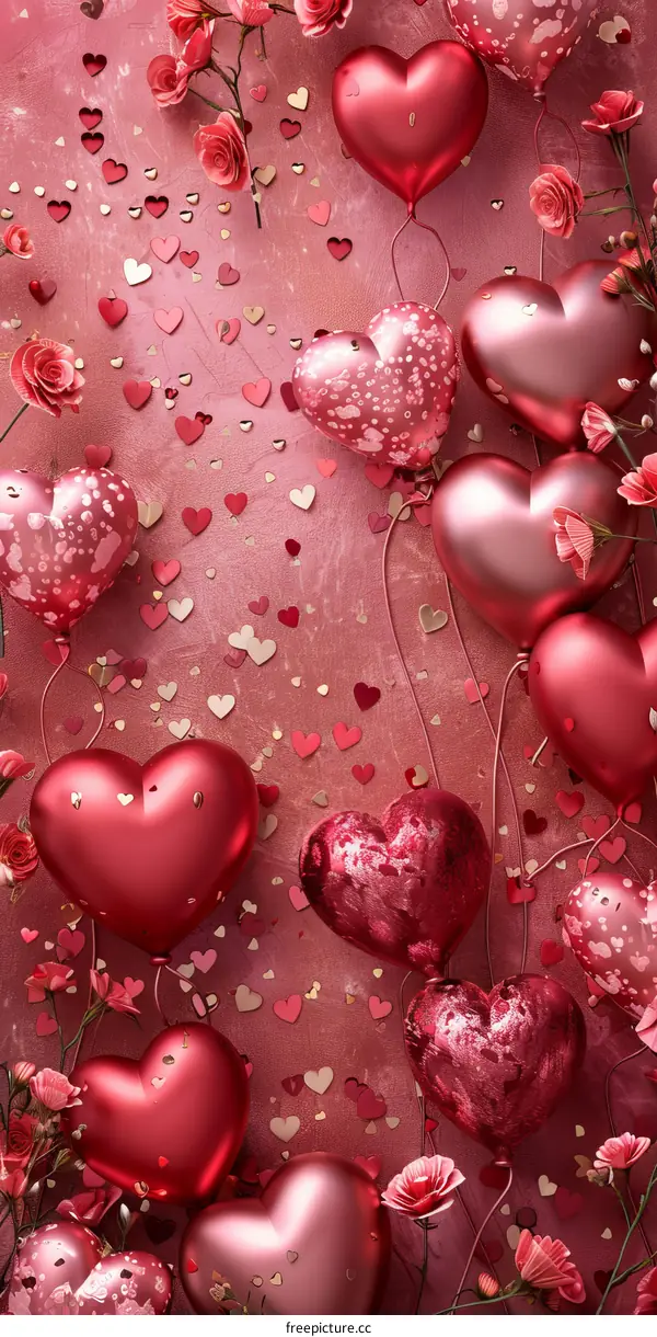Heart Balloons and Flowers on Pink Background
