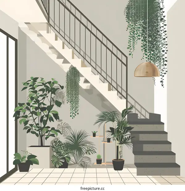 Modern Home Staircase With Green Plants