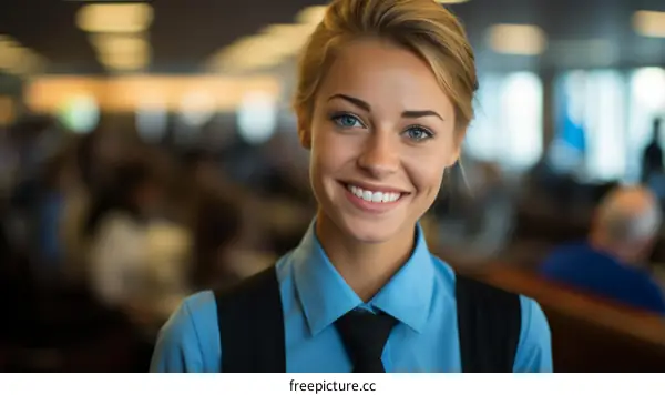 Portrait of a young woman in a blue shirt and tie