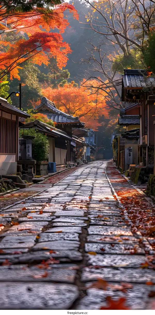 An empty cobblestone street in Japan with colorful autumn leaves on the ground and traditional houses on both sides