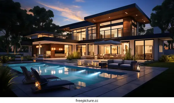 Modern luxury house with pool and outdoor seating area