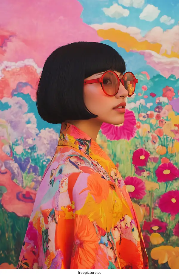 Woman in Red Sunglasses and Floral Dress Posing in Front of a Colorful Wall