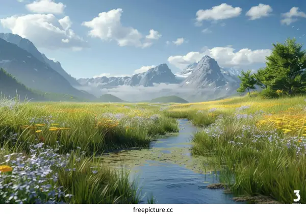 Serene River Flowing Through Lush Grassland
