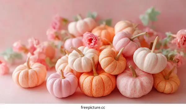 Pastel Pumpkins and Pink Flowers Autumn Decor