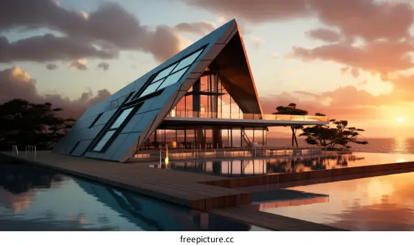 Modern house with swimming pool and sunset in the background