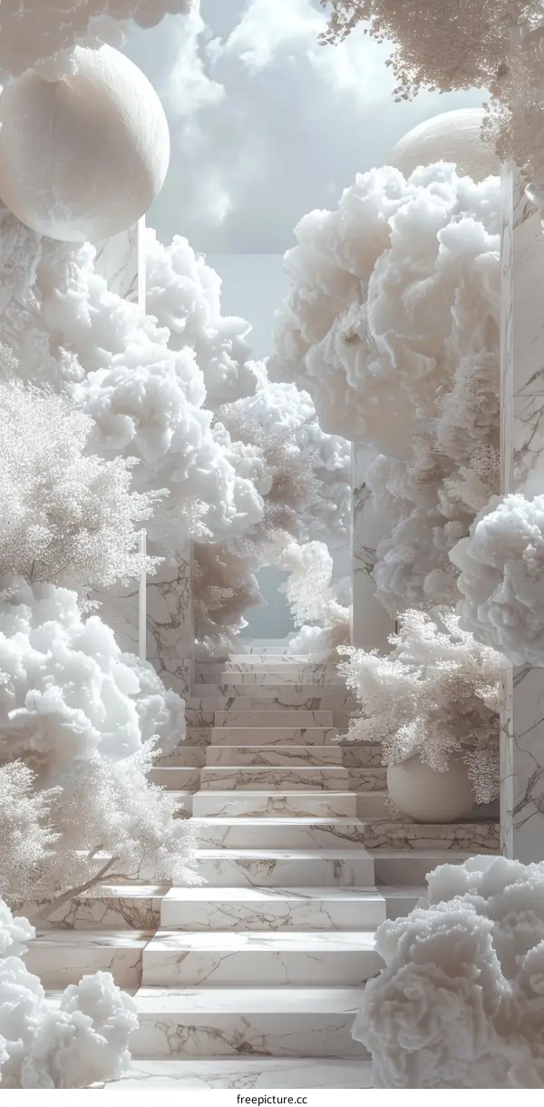 Dreamlike White Marble Stairway Through a Cloud Forest