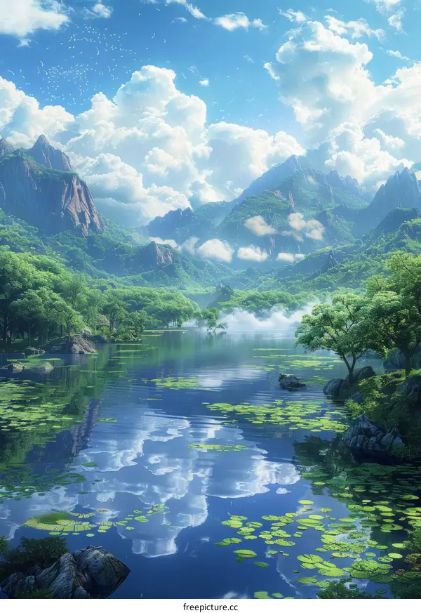 A Serene Mountain Lake Landscape Illustration