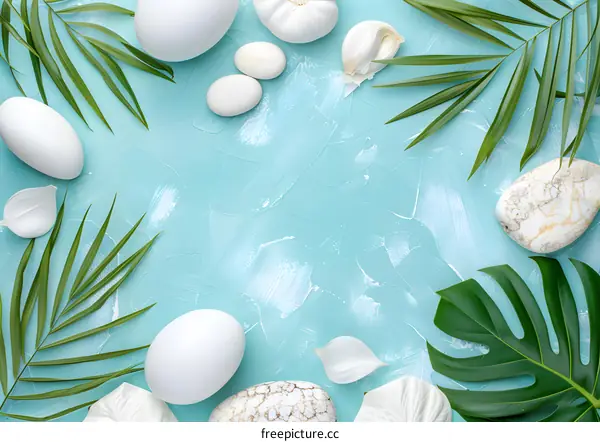 Tropical Leaves and White Objects on Blue Background