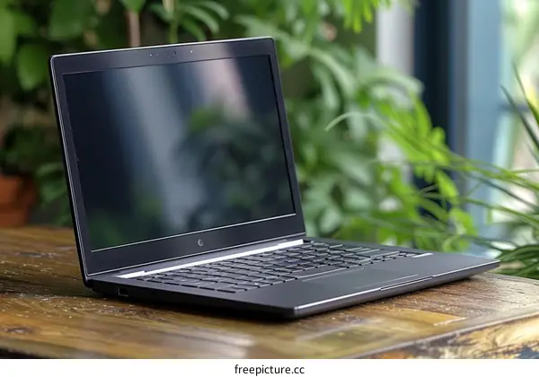 A laptop sits on a wooden table in front of a window.