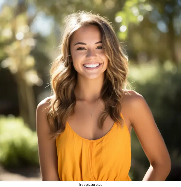 Portrait of a smiling young woman with long brown hair wearing a yellow dress standing outside