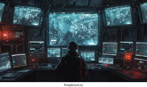 A Hacker in a Dark Room Surrounded by Computer Monitors