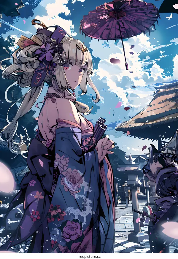 Japanese Anime Girl in Kimono with Umbrella and Animal Companion