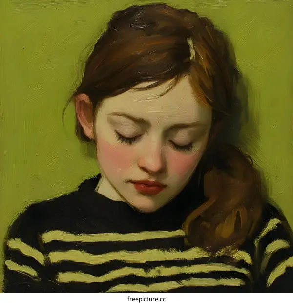 Oil Painting Portrait of a Young Woman With Closed Eyes