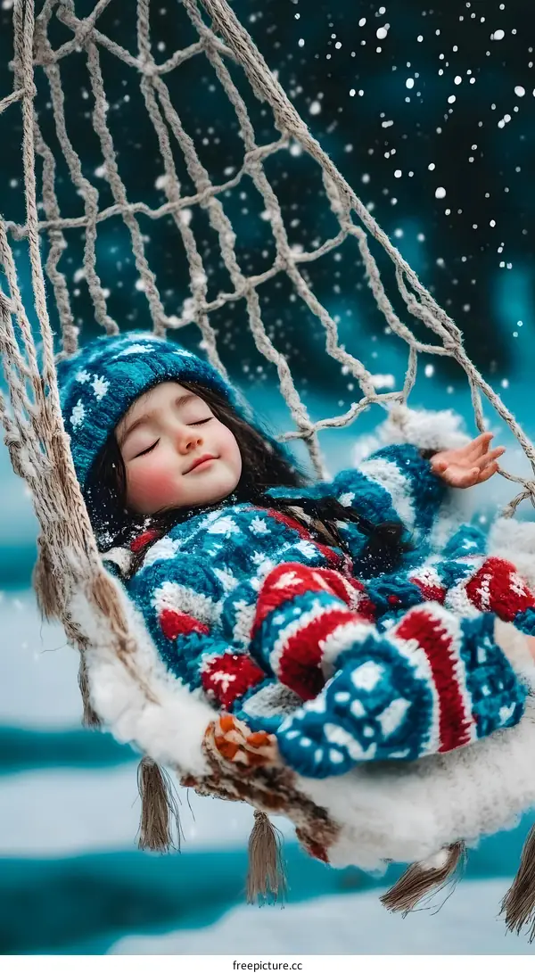 Little Girl Sleeping In Hammock During Snowfall