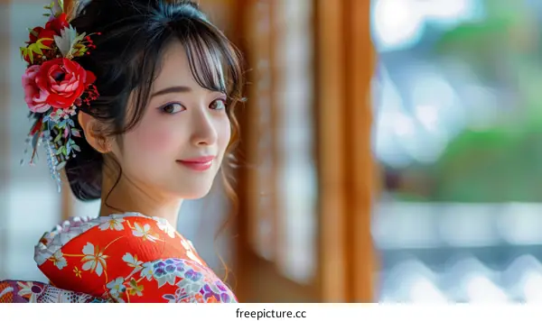 Portrait of a beautiful Japanese woman in traditional kimono