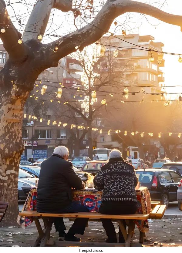 Two Elderly People Sitting on a Bench in a Park During Sunset