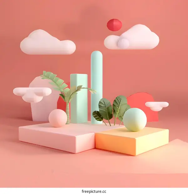 3D Abstract Illustration of Clouds, Palms, and Geometric Shapes