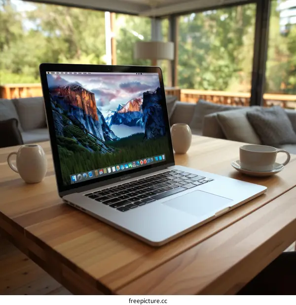 A laptop sits on a wooden table in a modern home with a beautiful view of the mountains outside.