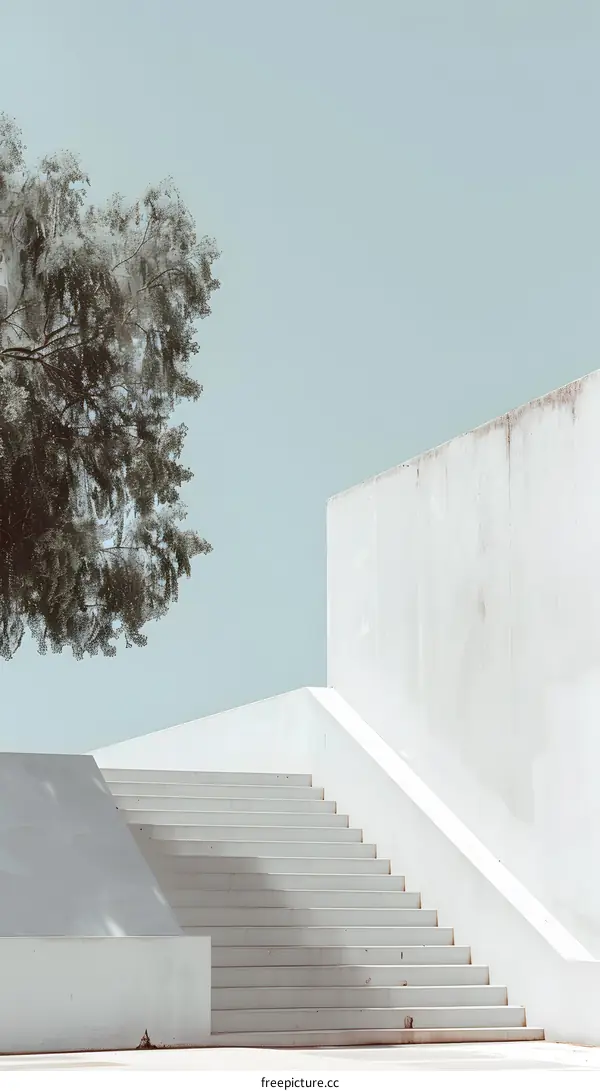 Minimalist White Staircase With Tree In Background