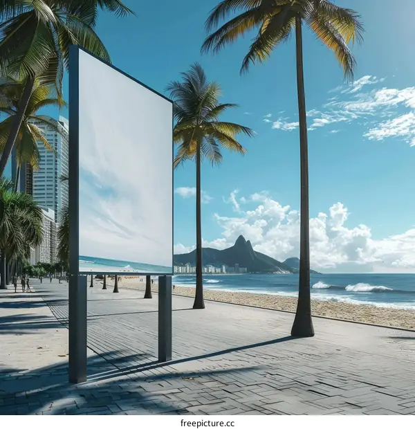 Blank advertising billboard on a tropical beach with palm trees
