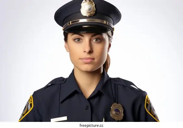 A policewoman in uniform with a serious expression on her face