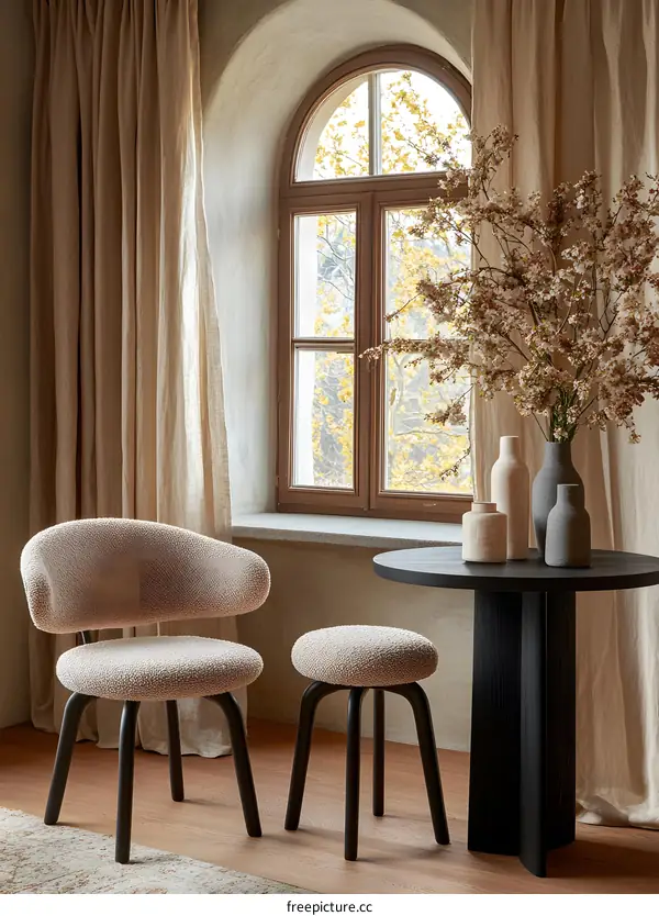 Beige Chair and Stool with Black Legs  and Vase with Flowers by Window