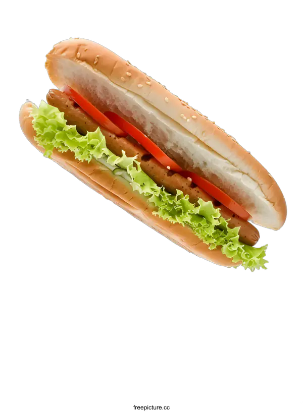 [Transparent Background PNG]Hot dog with lettuce and tomato on a sesame seed bun