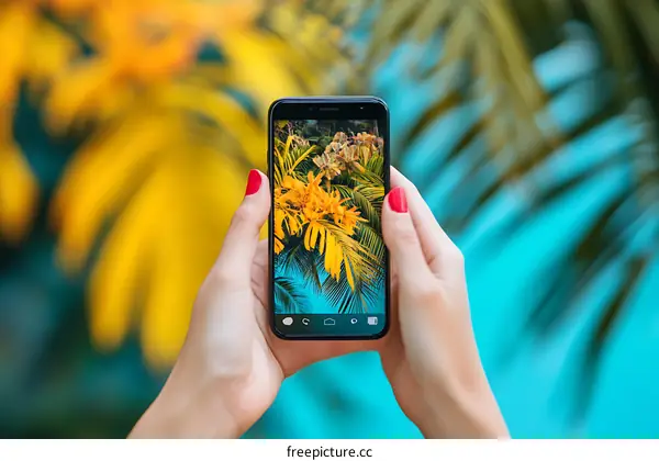 Woman Holding Smartphone Taking Photo Of Palm Trees