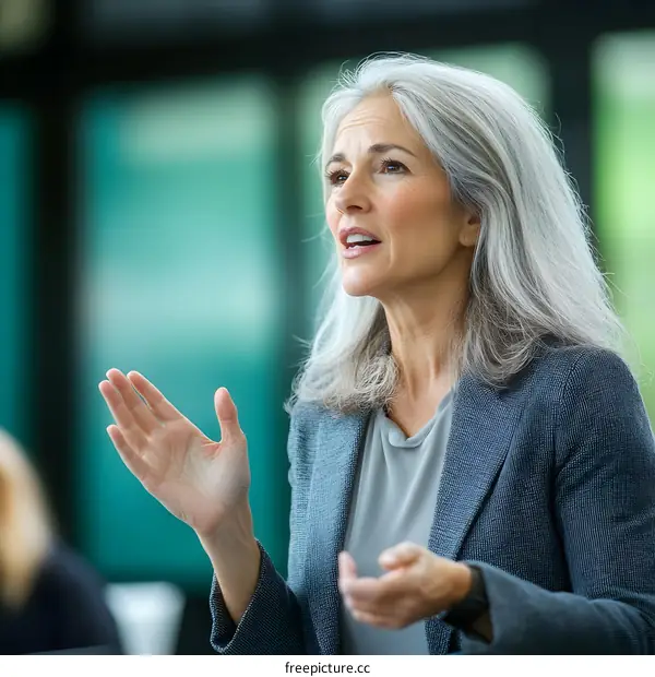 Woman in grey blazer speaks during a presentation