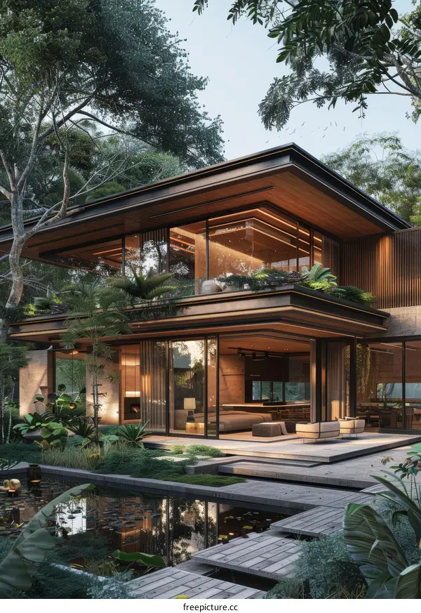 Modern luxury house with pool and tropical garden