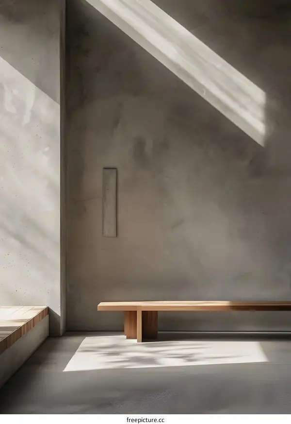 Minimalist Interior Design with Concrete Wall and Wooden Bench