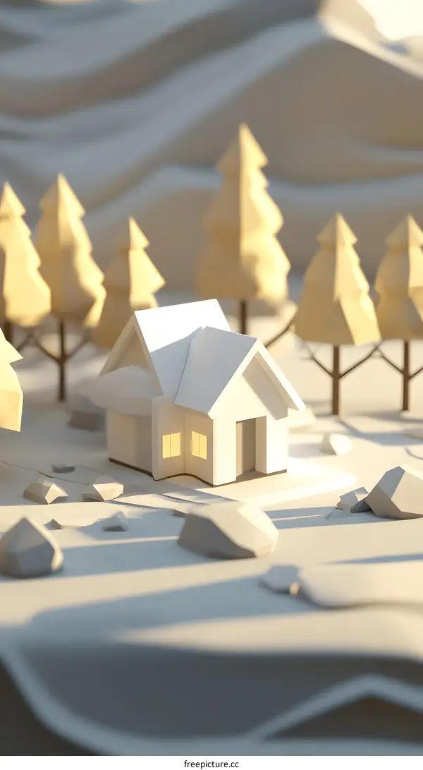 Minimalist 3D Illustration of a House in a Forest