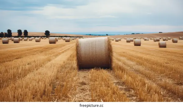 Field of hay rolls in the countryside under blue sky